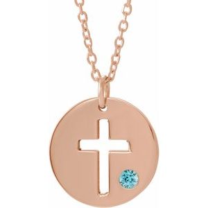 14K Rose Gold Natural Zircon Pierced Cross Disc 16-18" Necklace