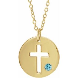 14K Yellow Gold Natural Zircon Pierced Cross Disc 16-18" Necklace