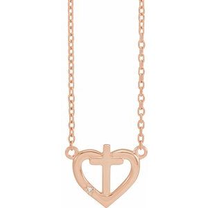 14K Rose Gold .0025 CT Natural Diamond Heart & Cross 18" Necklace