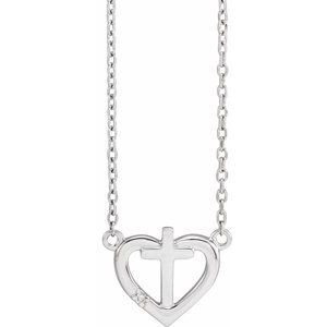 Platinum .0025 CT Natural Diamond Heart & Cross 18" Necklace