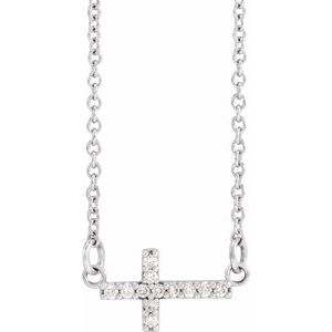 14K White Gold .05 CTW Natural Diamond Sideways Cross 16-18" Necklace