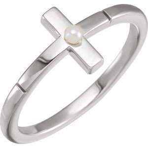Sterling Silver Cultured White Akoya Pearl Sideways Cross Ring