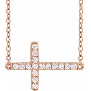 14K Rose Gold 1/6 CTW Lab-Grown Diamond Sideways Cross 16-18" Necklace