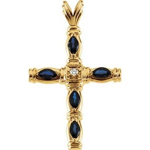 14K Yellow Gold Natural Sapphire & .03 CT Natural Diamond Cross Pendant