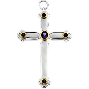 14K Yellow Gold Natural Amethyst & Natural Mozambique Garnet Pectoral Cross Pendant