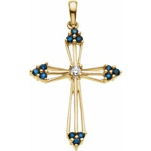 14K Yellow Gold Natural Blue Sapphire & .04 CTW Natural Diamond Cross Pendant