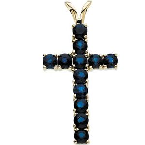 14K Yellow Gold Natural Blue Sapphire Cross Pendant