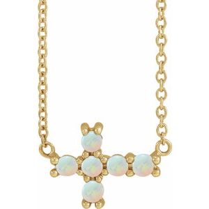 14K Yellow Gold Natural White Opal Sideways Cross 18" Necklace