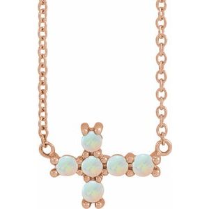 14K Rose Gold Natural White Opal Sideways Cross 18" Necklace
