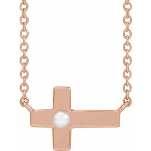 14K Rose Gold Cultured White Seed Pearl Sideways Cross 16-18" Necklace