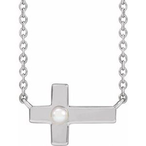 Platinum Cultured White Seed Pearl Sideways Cross 16-18" Necklace