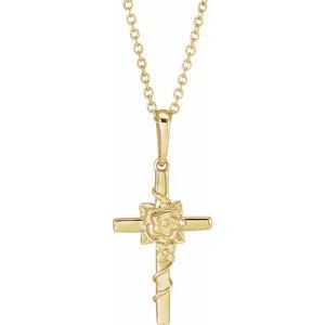 14K Yellow Gold Floral Cross 16-18" Necklace