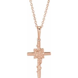 14K Rose Gold Floral Cross 16-18" Necklace