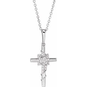 14K White Gold Floral Cross 16-18" Necklace