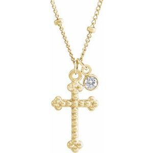 14K Rose Gold .06 CT Natural Diamond Beaded Cross 20" Necklace