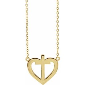 14K Yellow Gold .0025 CT Natural Diamond Heart & Cross 18" Necklace