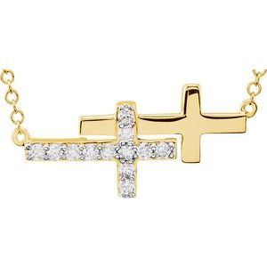 14K Yellow Gold 1/5 CTW Natural Diamond Double Sideways Cross 16-18" Necklace