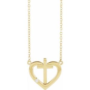 14K Yellow Gold .015 CT Natural Diamond Heart & Cross 18" Necklace