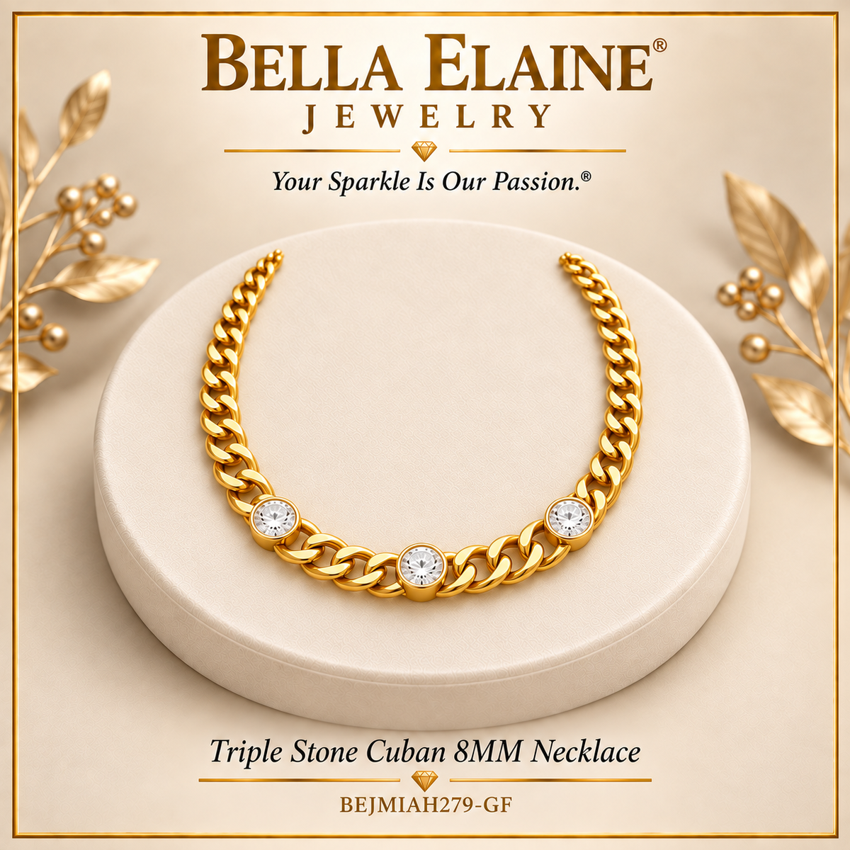 Triple Stone Cuban 8MM Necklace