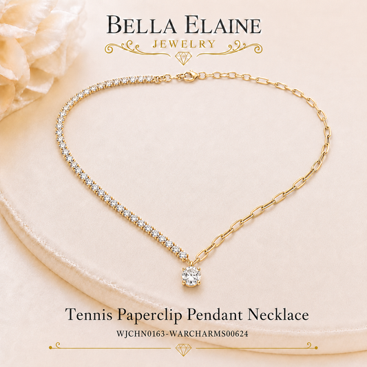 Tennis Paperclip Pendant Necklace in 18K Gold PVD Stainless Steel – Bella Elaine Jewelry
