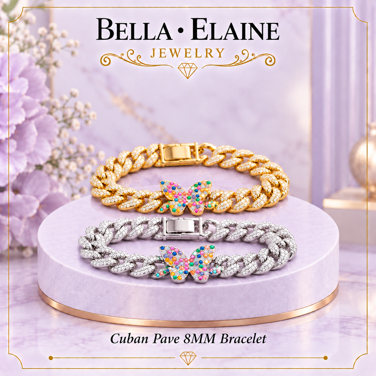 Cuban Pave Multi Colored Butterfly 8mm Bracelet