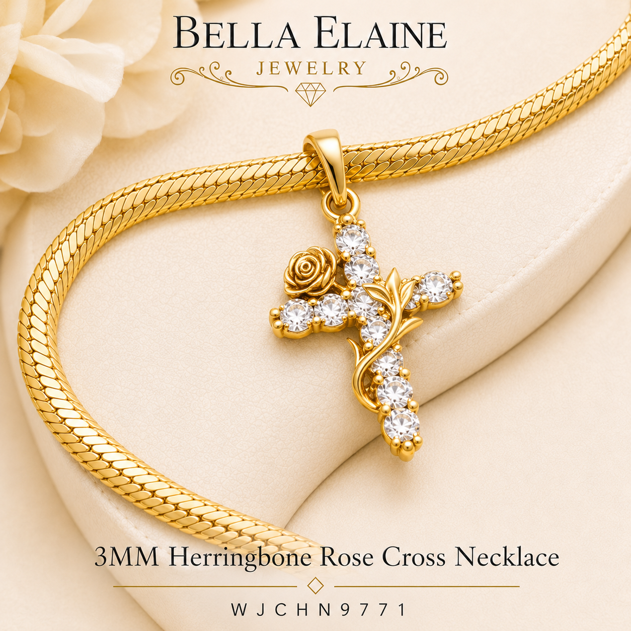 3mm Herringbone Rose Cross Necklace