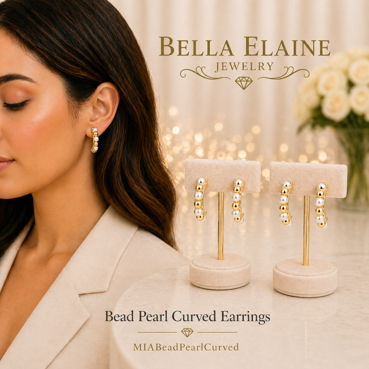 Bead Pearl Curved Earrings