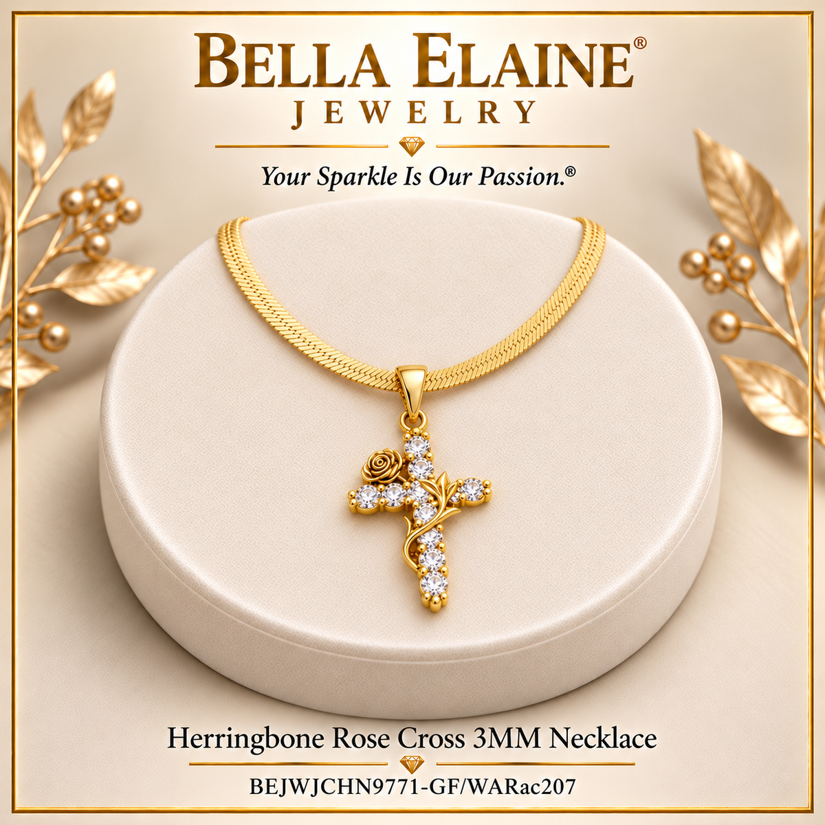 Herringbone Rose Cross 3MM Necklace