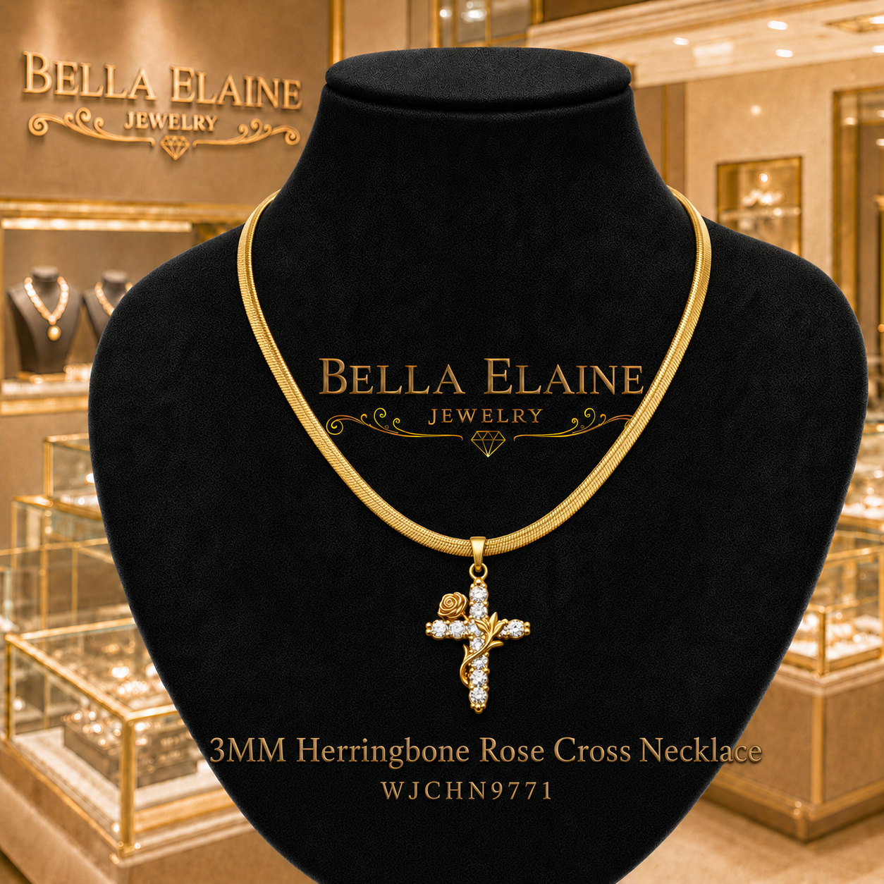 3mm Herringbone Rose Cross Necklace