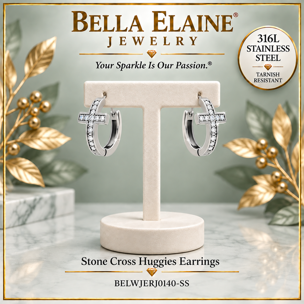 Stone Cross Huggies Earrings