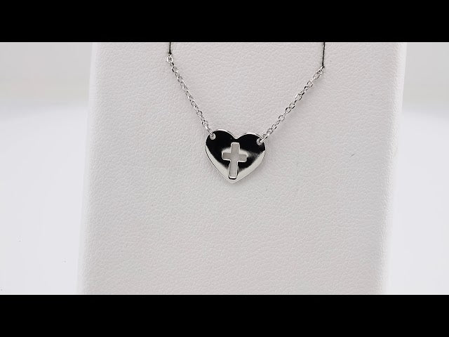 14K White Gold Pierced Cross Heart 16-18" Necklace