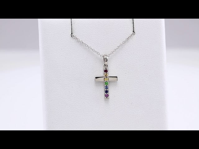 Platinum Natural Multi-Gemstone Cross 16-18" Necklace