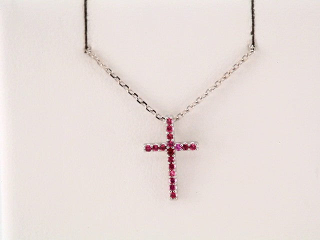 14K White Gold Natural Pink Tourmaline Petite Cross 16" Necklace
