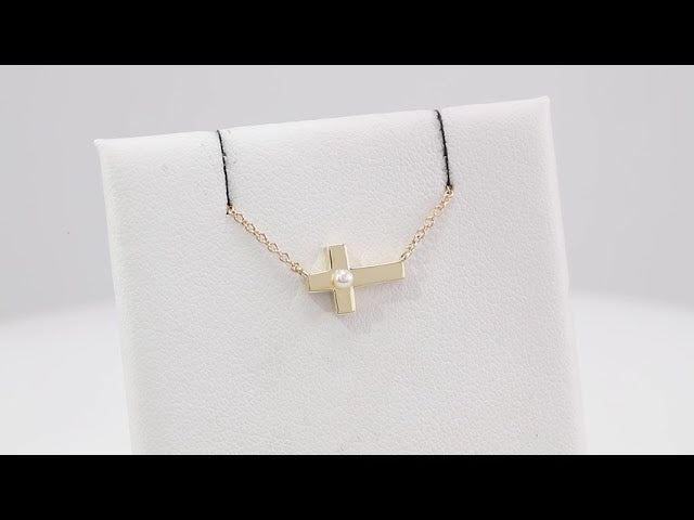 Sterling Silver Cultured White Seed Pearl Sideways Cross 16-18" Necklace