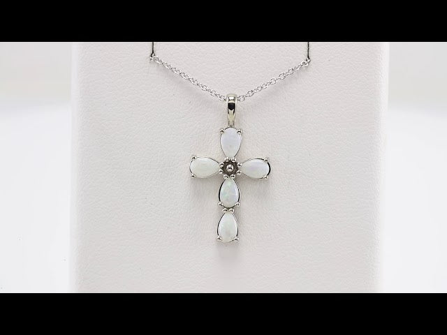 14K White Gold Natural White Opal Cabochon Cross 16-18" Necklace