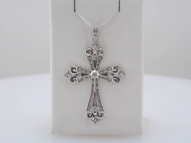 14K White Gold 5/8 CTW Natural Diamond Cross Pendant