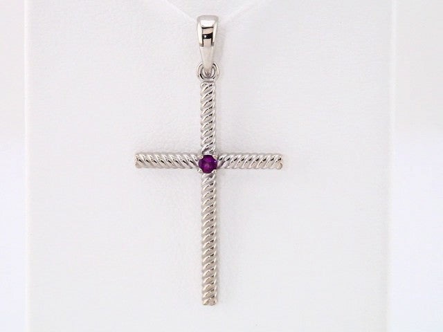 14K White Gold Natural Amethyst Cross Pendant