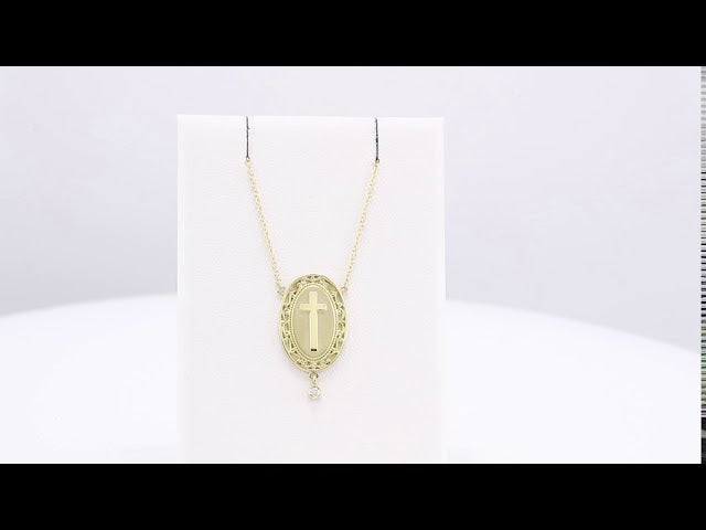 14K Yellow Gold .015 CT Natural Diamond Rosary Cross 18" Necklace