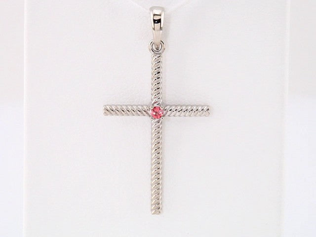 14K White Gold Natural Pink Tourmaline Cross Pendant