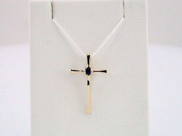 14K Yellow Gold Natural Blue Sapphire Cross Pendant