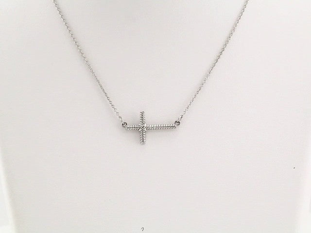 14K White Gold Sideways Rope Cross 16 1/2" Necklace