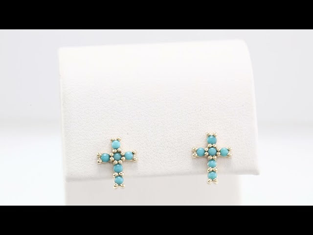 14K Yellow Gold Natural Turquoise Cross Earrings