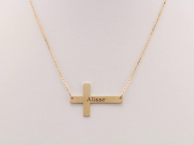 14K Yellow Gold Engravable Sideways Cross 16-18" Necklace
