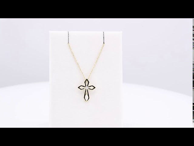 14K Yellow Gold Natural White Opal & .05 CT Natural Diamond Cross 16-18" Necklace