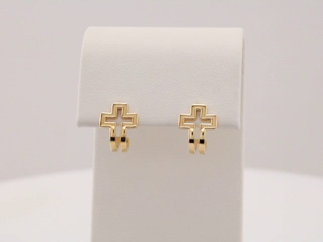 14K Yellow Gold Open Cross J-Hoop Earrings