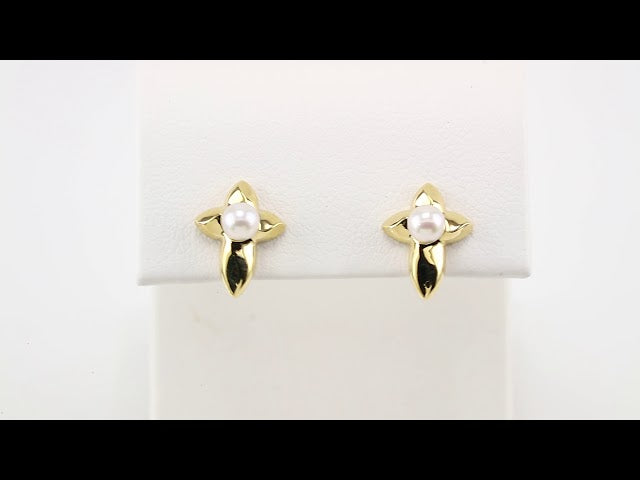 14K Yellow Gold Cultured White Freshwater Pearl Cross Earrings
