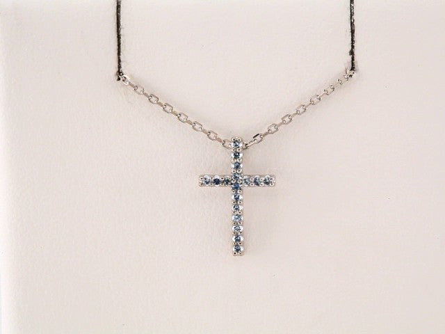 14K White Gold Natural Aquamarine Petite Cross 16" Necklace