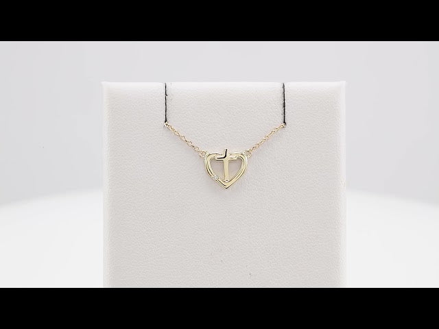 14K Yellow Gold .015 CT Natural Diamond Heart & Cross 18" Necklace