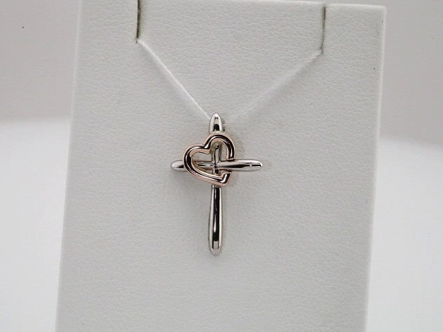14K White & Rose Gold Cross with Heart Pendant