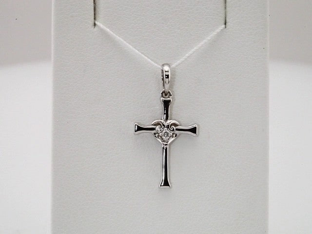 14K White Gold .025 CT Natural Diamond Heart & Cross Pendant